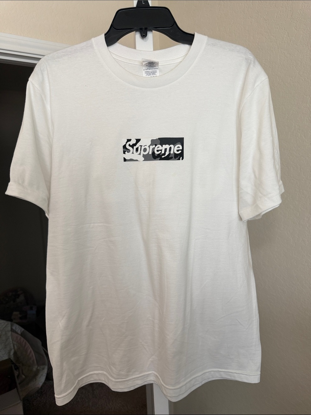 Supreme White T-Shirt with Black & Gray Camo Box Logo